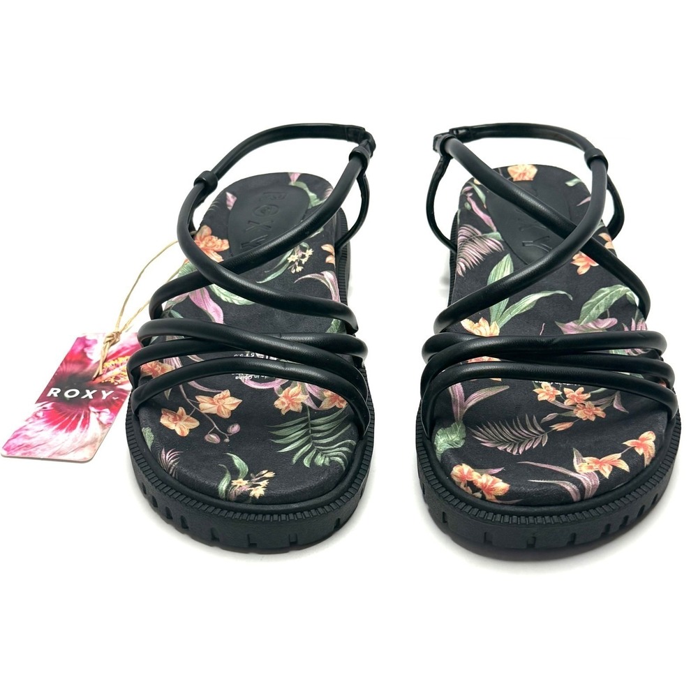 Roxy Women's Brooke Strappy Sandals Black Graphic Island Floral Size 9 NWT